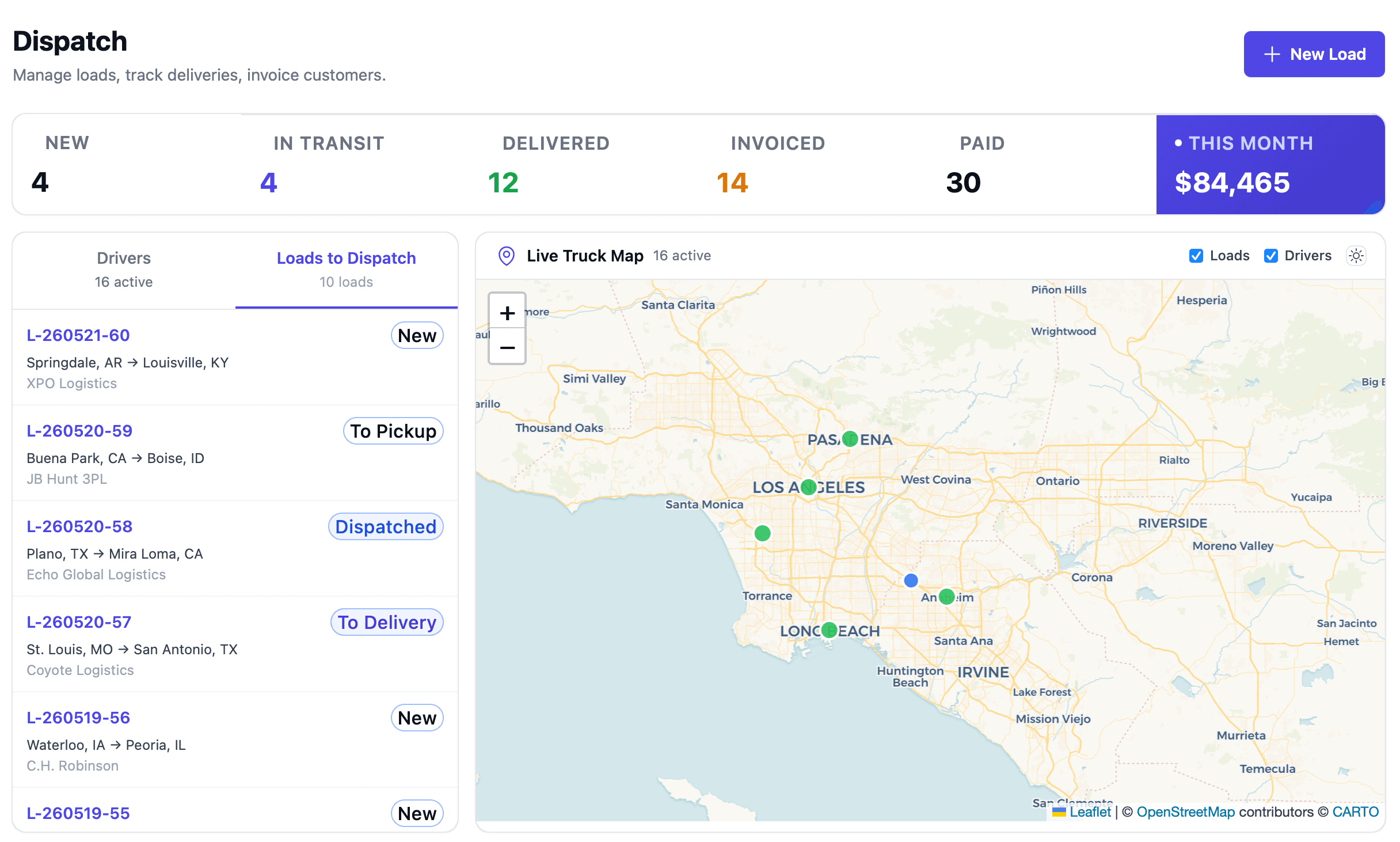 FleetCollect Dispatch dashboard showing live truck map, active loads, driver assignments, and broker tracking links