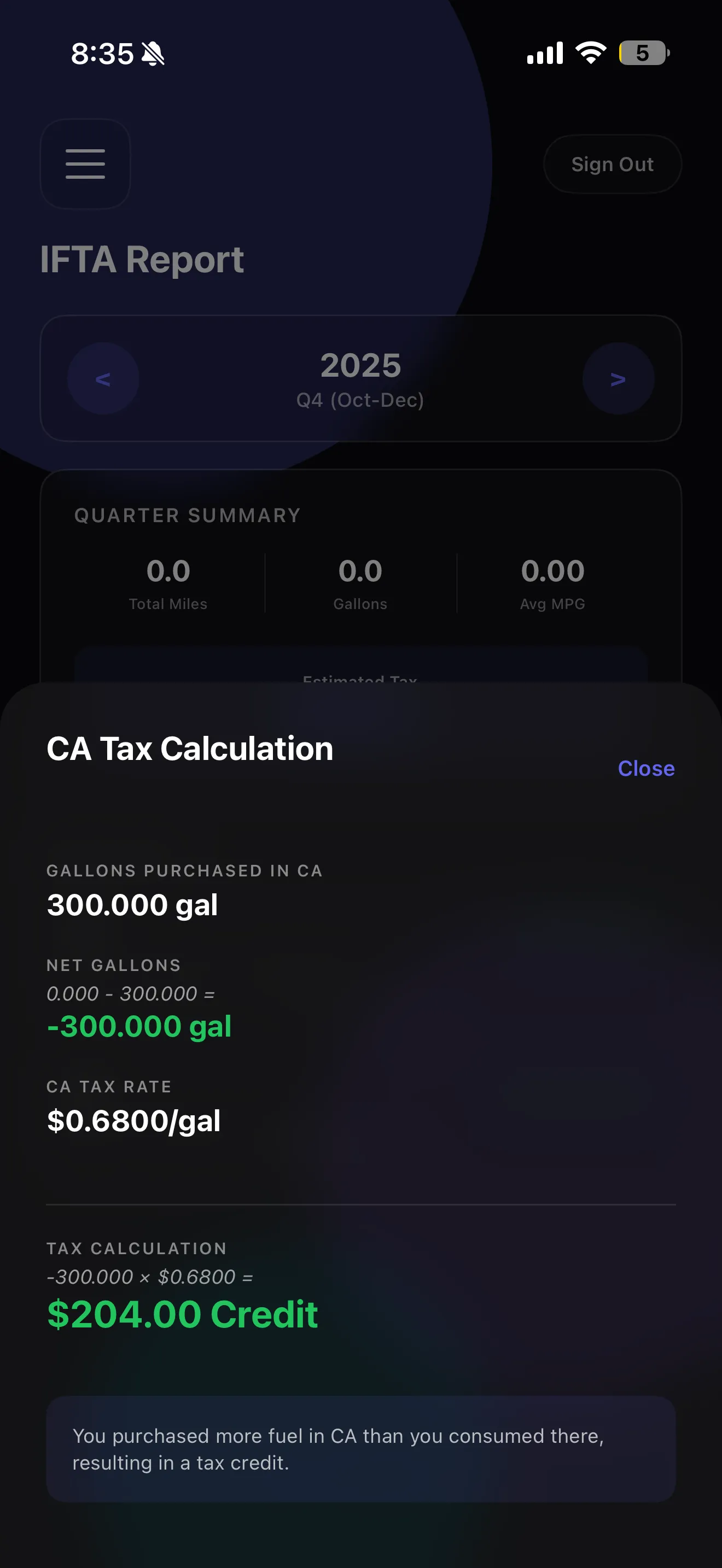 Tax Calculation - Credit and debit breakdown