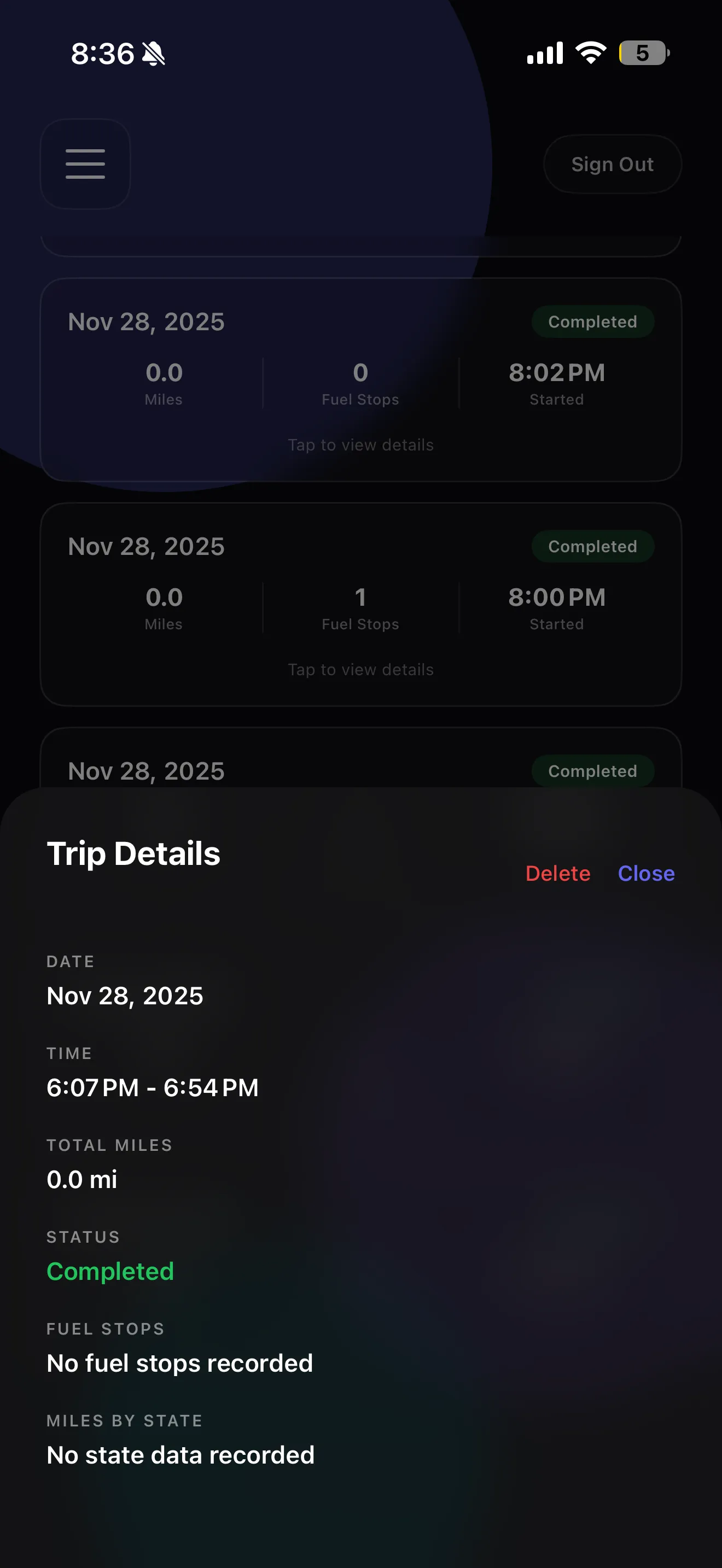 Trip History - View completed trips